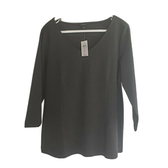 Ann Taylor Factory Pullover Stretch Dark Gray V-neck Jersey Top 3/4 Sleeve Large - Picture 1 of 9